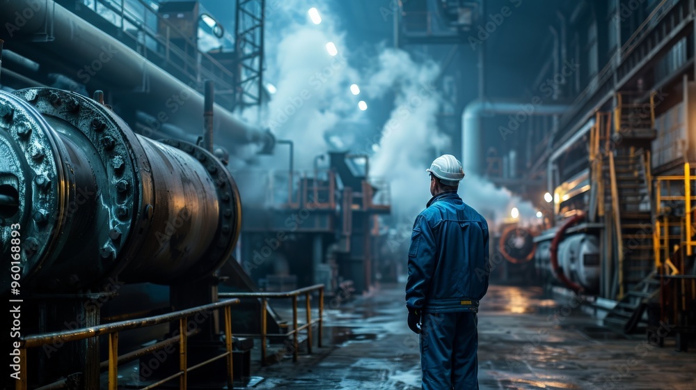 A man in a blue jacket stands in front of a large pipe A man in a blue jacket stands in front of a large pipe