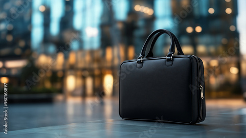 A high-end briefcase mockup in a clean design, set against a blurred background of an upscale business district.