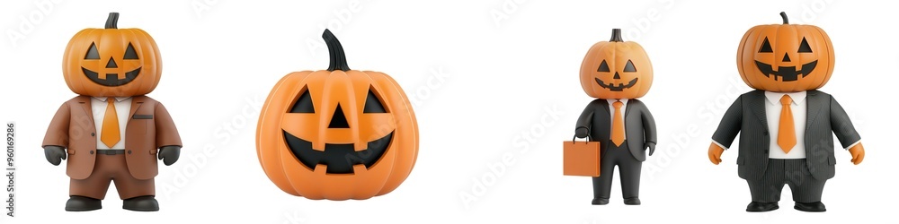 Halloween decor set, Cheerful pumpkin figurines dressed in business attire, perfect for Halloween-themed decorations and celebrations. Isolate on white background Halloween decor set, Cheerful pumpkin figurines dressed in business attire, perfect for Halloween-themed decorations and celebrations. Isolate on white background