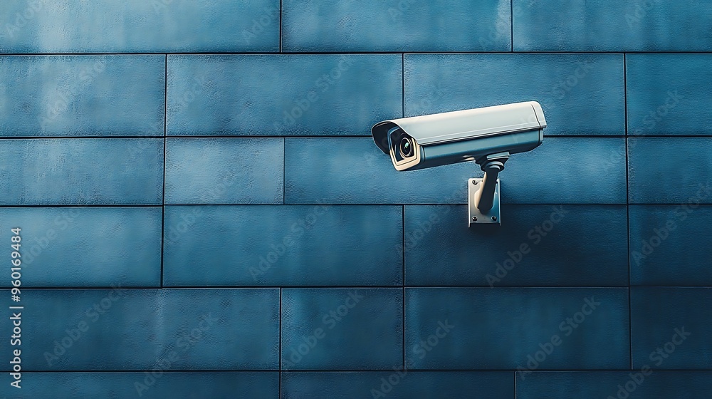 A single surveillance camera mounted on a modern blue tiled wall, symbolizing safety, security, and urban surveillance systems. A single surveillance camera mounted on a modern blue tiled wall, symbolizing safety, security, and urban surveillance systems.