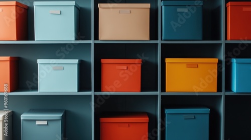 This image displays colorful storage boxes meticulously arranged on shelves, showcasing a highly organized and visually appealing organizational system for any space.