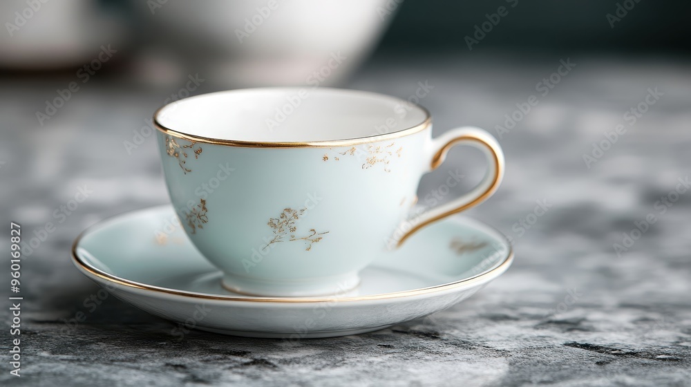 An elegant fine china teacup with a matching saucer, adorned with delicate golden floral designs, captured in soft pastel tones in a serene setting. An elegant fine china teacup with a matching saucer, adorned with delicate golden floral designs, captured in soft pastel tones in a serene setting.