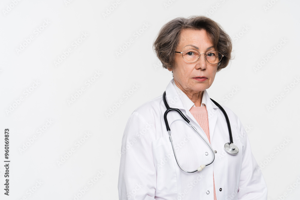 Portrait of serious senior woman doctor in uniform stand isolated on white studio background copy space. Mature female medical nurse or practitioner with stethoscope look at camera. Healthcare concept Portrait of serious senior woman doctor in uniform stand isolated on white studio background copy space. Mature female medical nurse or practitioner with stethoscope look at camera. Healthcare concept