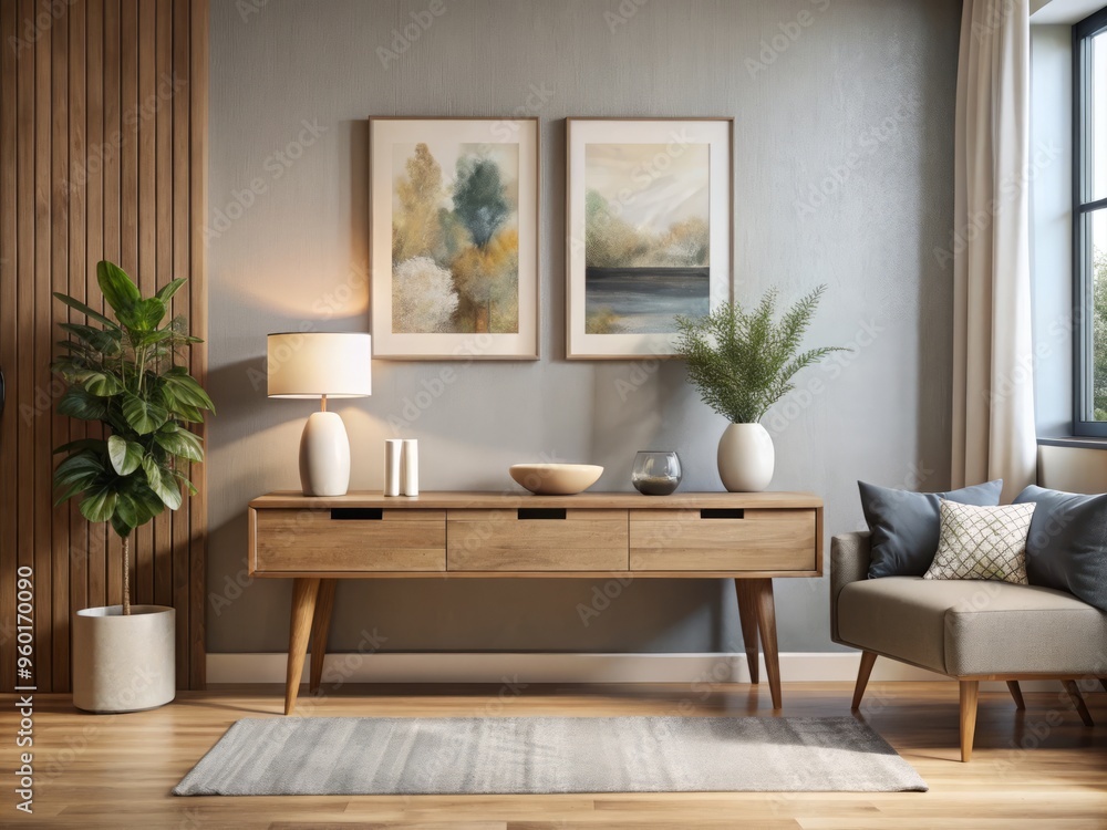 The console table's simple design harmonizes with the beige sofa and vibrant abstract artwork in a modern living The console table's simple design harmonizes with the beige sofa and vibrant abstract artwork in a modern living