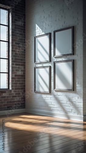 Three blank frame in brick loft room