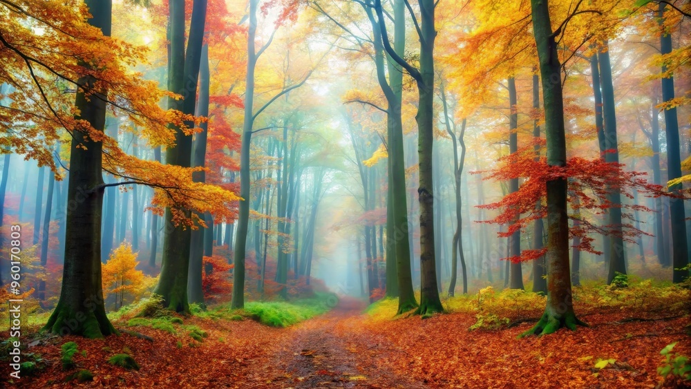 Fototapeta premium Misty autumn forest with colorful leaves, fog, and tall trees