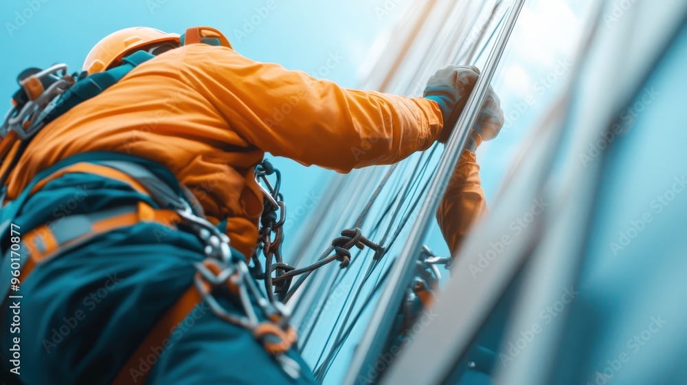 Image of a worker scaling a skyscraper equipped with safety gear and cleaning windows, highlighting themes of diligence, safety, and urban maintenance in a detailed and dynamic fashion. Image of a worker scaling a skyscraper equipped with safety gear and cleaning windows, highlighting themes of diligence, safety, and urban maintenance in a detailed and dynamic fashion.