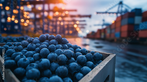 Fototapeta Naklejka Na Ścianę i Meble -  Close-up of fresh blueberries beside containers at a busy shipping dock, symbolizing the export of global produce.