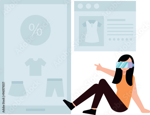 Girl shopping online with VR glasses.