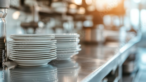 Multiple stacks of clean white plates placed on a stainless steel kitchen counter in a restaurant or cafe setting, representing cleanliness, orderliness and efficiency in foodservice.