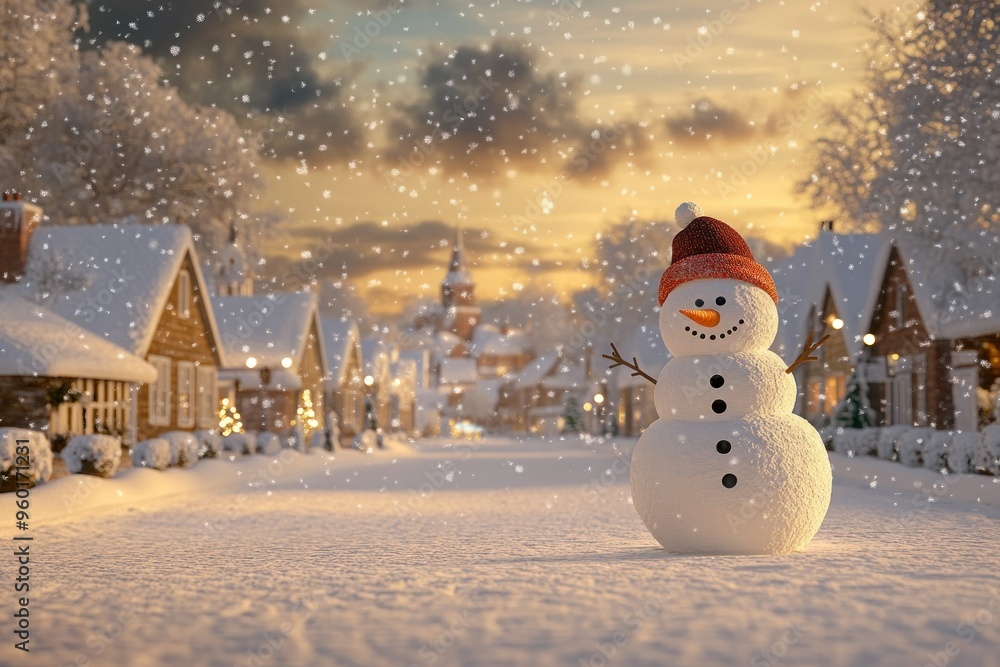 Obraz premium Snowman Standing in a Snowy Village at Sunset