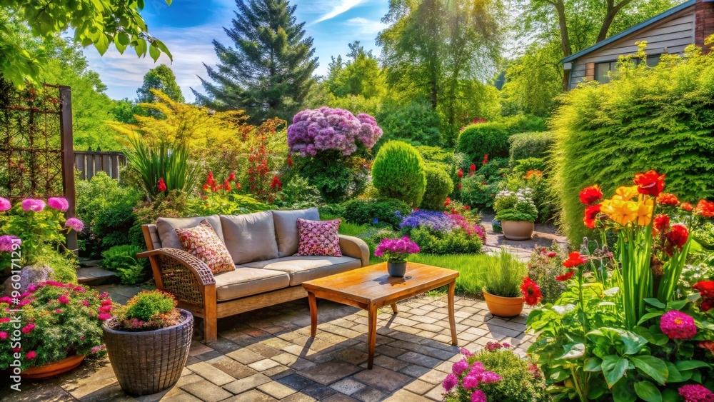Obraz premium Lush garden and patio with colorful flowers, green foliage, and cozy furniture in full bloom during a sunny spring day