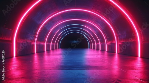 A long tunnel with neon lights that are pink and blue