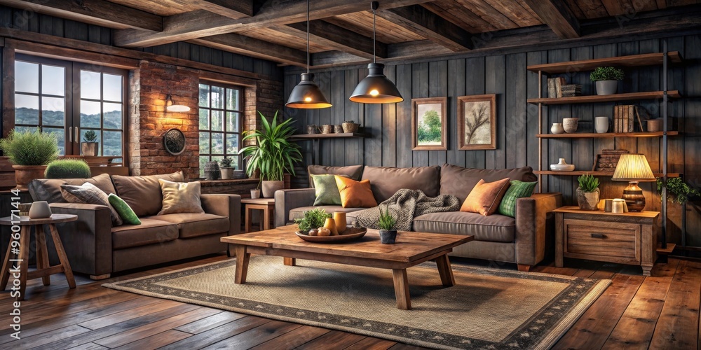 Dark and cozy farmhouse style living room interior, featuring rustic wooden furniture and decor elements Dark and cozy farmhouse style living room interior, featuring rustic wooden furniture and decor elements