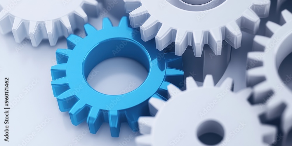 A Blue Gear Interlocking with Several White Gears A Blue Gear Interlocking with Several White Gears