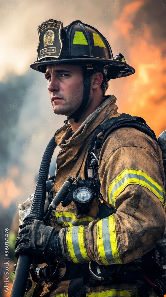 A firefighter holding a hose, focused and determined A firefighter holding a hose, focused and determined