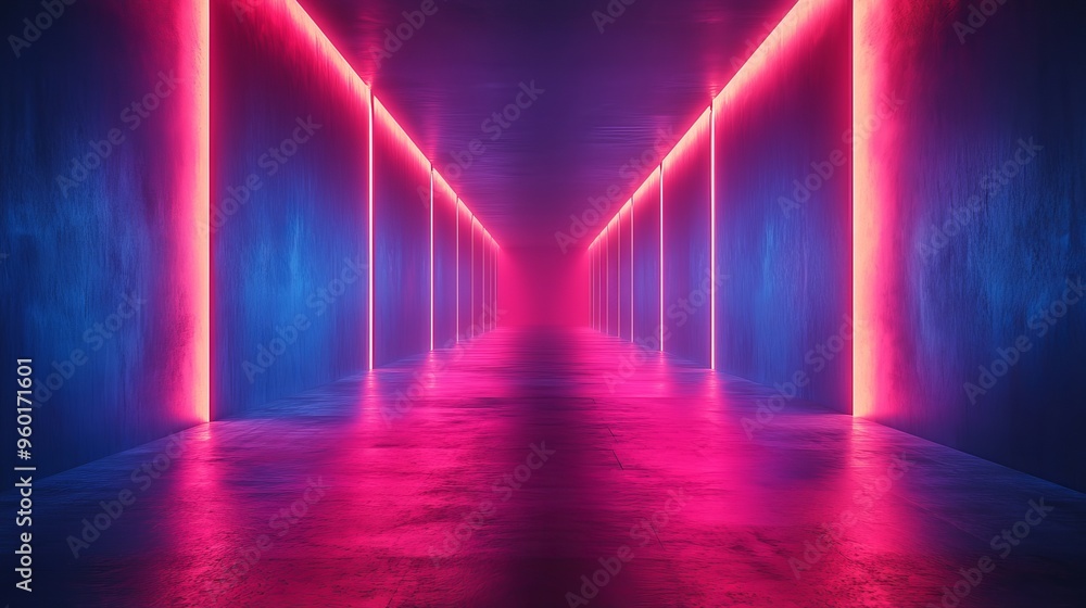 A long hallway with pink and blue lights A long hallway with pink and blue lights