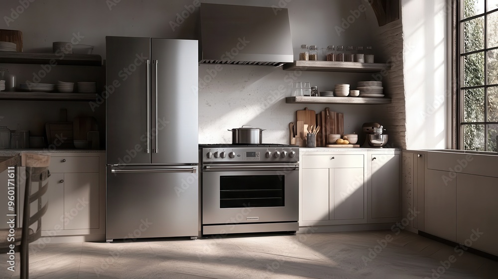 A stylish modern kitchen featuring a sleek steel refrigerator and stainless steel appliances, set against a backdrop of light-colored cabinets and wooden shelves. A stylish modern kitchen featuring a sleek steel refrigerator and stainless steel appliances, set against a backdrop of light-colored cabinets and wooden shelves.