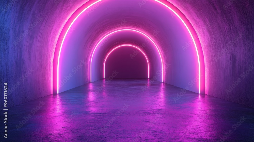 A long, narrow tunnel with neon lights A long, narrow tunnel with neon lights