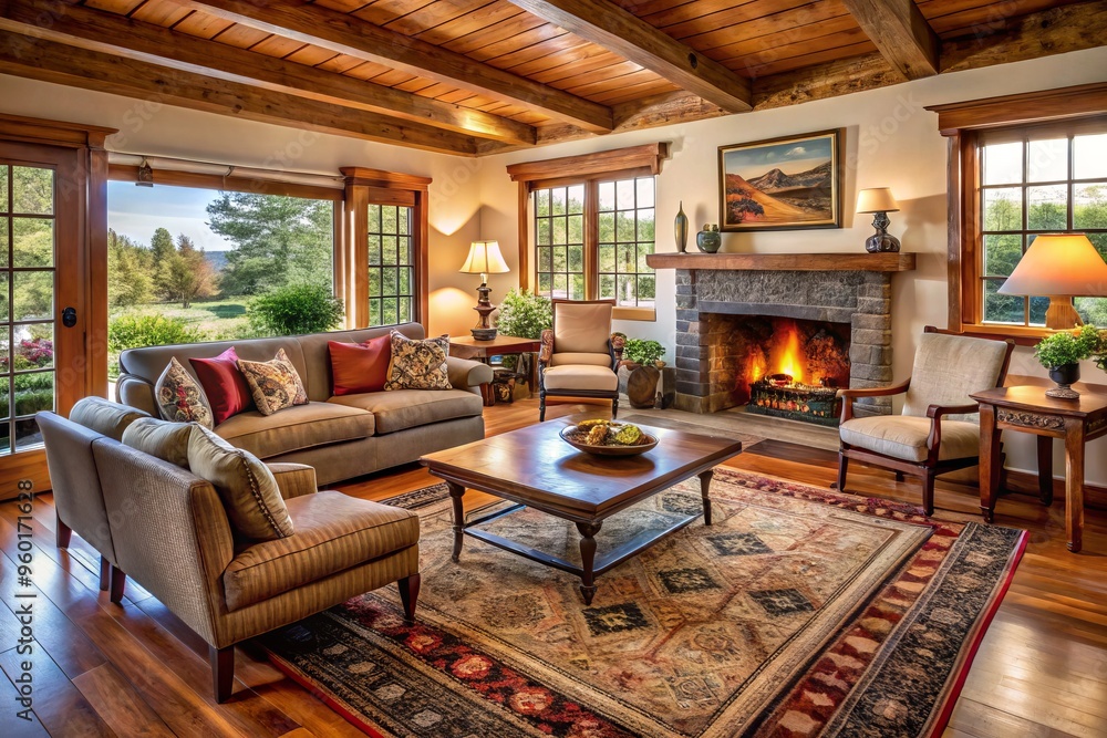 The cozy ranch-style living room features wooden furniture, a vibrant patterned rug, and a stunning antique fireplace The cozy ranch-style living room features wooden furniture, a vibrant patterned rug, and a stunning antique fireplace