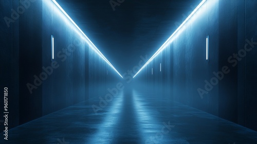 A long, narrow hallway with blue lights shining down on the floor