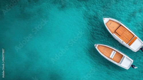 An aerial shot of two boats floating in clear turquoise water, offering a minimalistic and serene view of the boats contrasting against the calm and transparent sea. photo