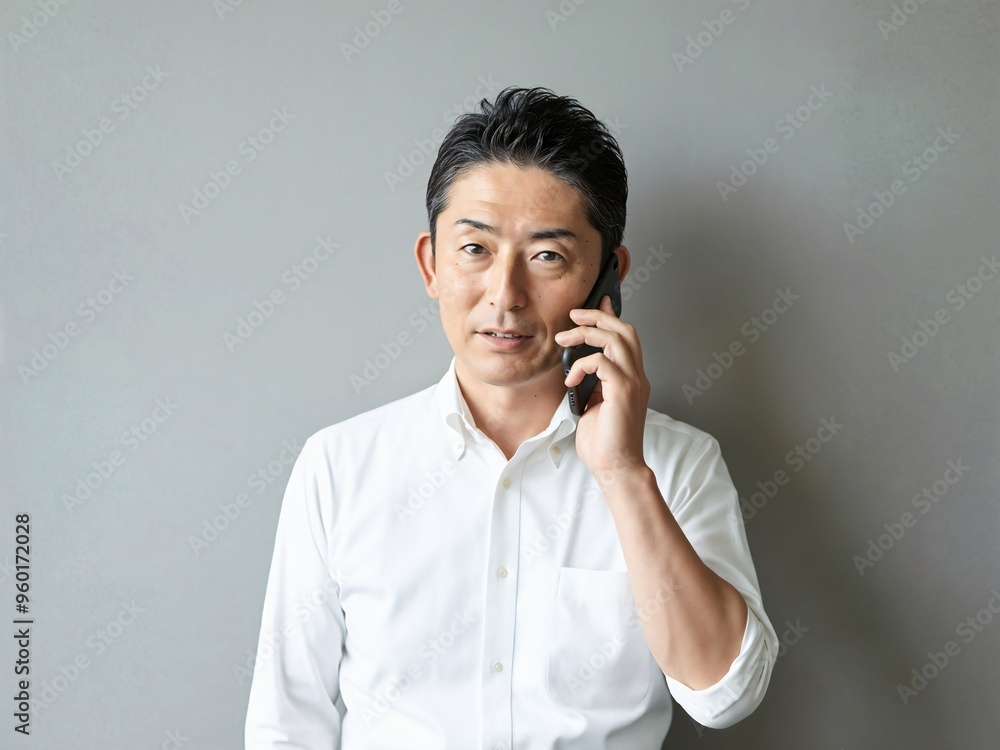 スマートフォンで通話をする40代日本人男性_02 スマートフォンで通話をする40代日本人男性_02