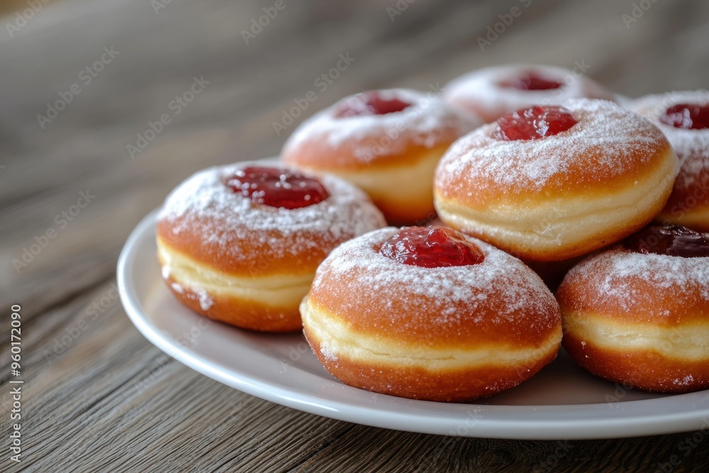 A Plate of Powdered Sugar Donuts Filled with Red Jelly A Plate of Powdered Sugar Donuts Filled with Red Jelly