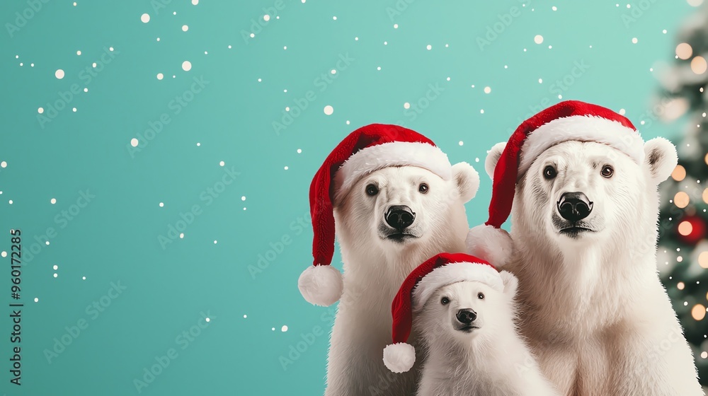 Polar bear family, wearing Santa hats, under a glowing Christmas tree, Watercolor style Polar bear family, wearing Santa hats, under a glowing Christmas tree, Watercolor style
