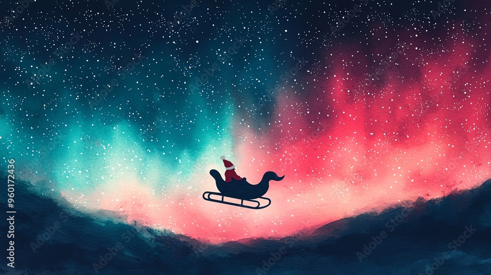 Santa s sleigh, soaring above the Northern Lights, ethereal glow, Watercolor style Santa s sleigh, soaring above the Northern Lights, ethereal glow, Watercolor style