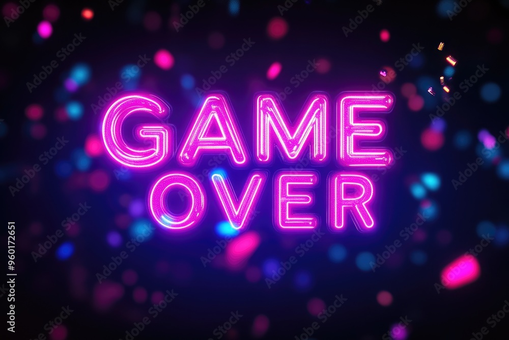 Obraz premium Digital Glitch Effect: Neon 'GAME OVER' with Dynamic Motion Particles