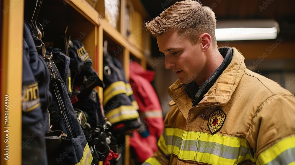 A firefighter inspecting equipment in the firehouse, readiness and professionalism A firefighter inspecting equipment in the firehouse, readiness and professionalism