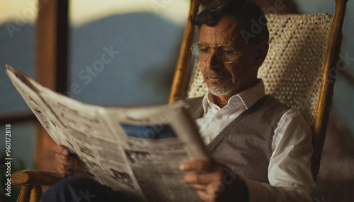 mature person reading the newspaper at home