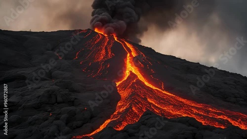 Molten Lava Flowing Down Volcano Illuminates Dark Surroundings photo