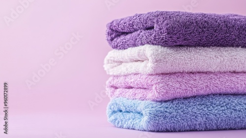 A stack of soft, colorful towels arranged neatly against a pink background.