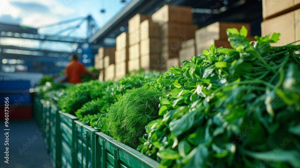 A variety of fresh herbs stacked near containers at a shipping dock, ready for global distribution. A variety of fresh herbs stacked near containers at a shipping dock, ready for global distribution.