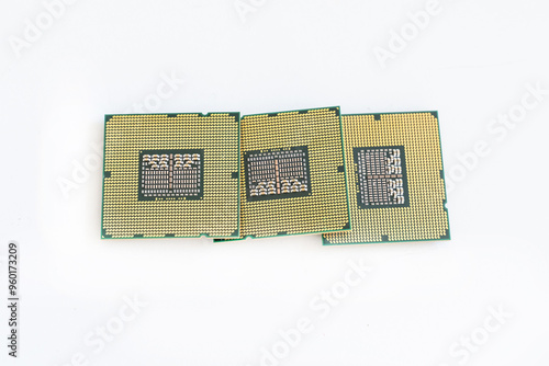 computer set cpu microchip close up on white isolated background
