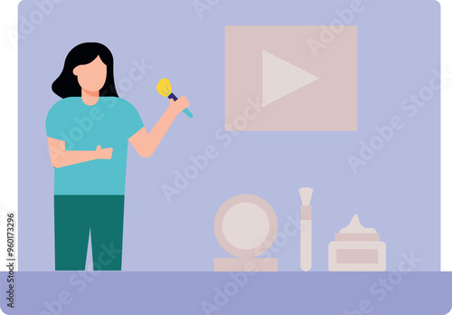 The girl is making a cosmetic promotion video.