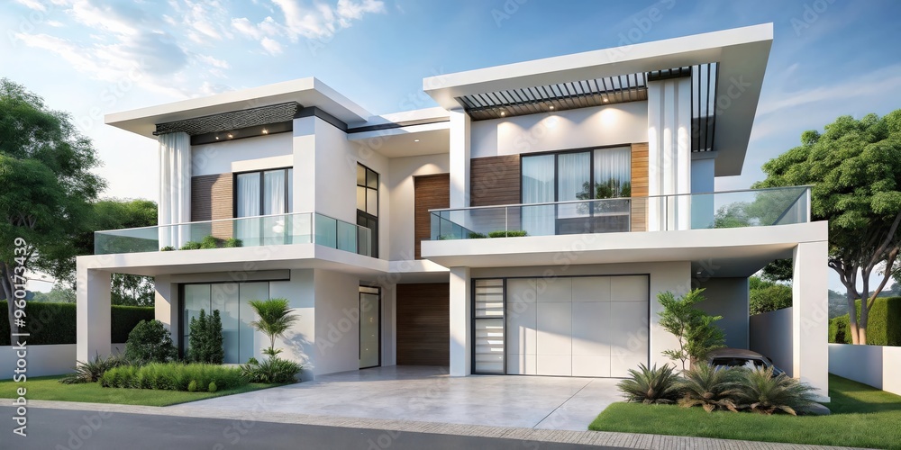 Fototapeta premium Modern white duplex house with clean lines and spacious design