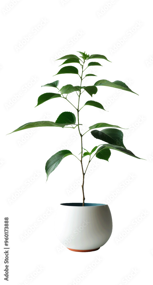 A small green potted plant stands gracefully on a white background, showcasing vibrant leaves and a minimalist design A small green potted plant stands gracefully on a white background, showcasing vibrant leaves and a minimalist design