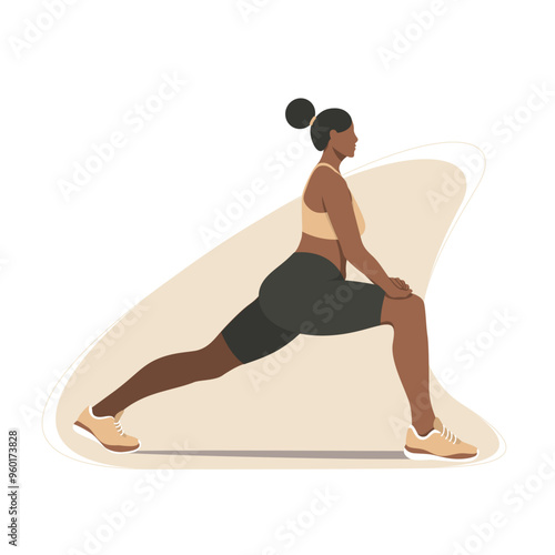 Forward Lunge Stretch: Vector Illustration of a Fitness Woman Demonstrating Flexibility and Strength Exercise