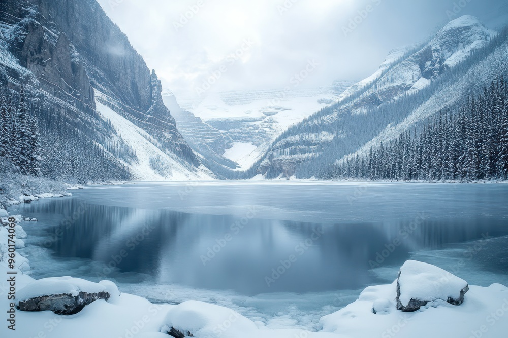 Fototapeta premium Frozen Lake Surrounded by Snow-Covered Mountains