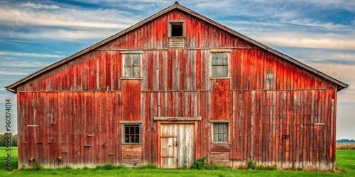 Weathered side of an old red barn with rustic wooden planks and chipped paint