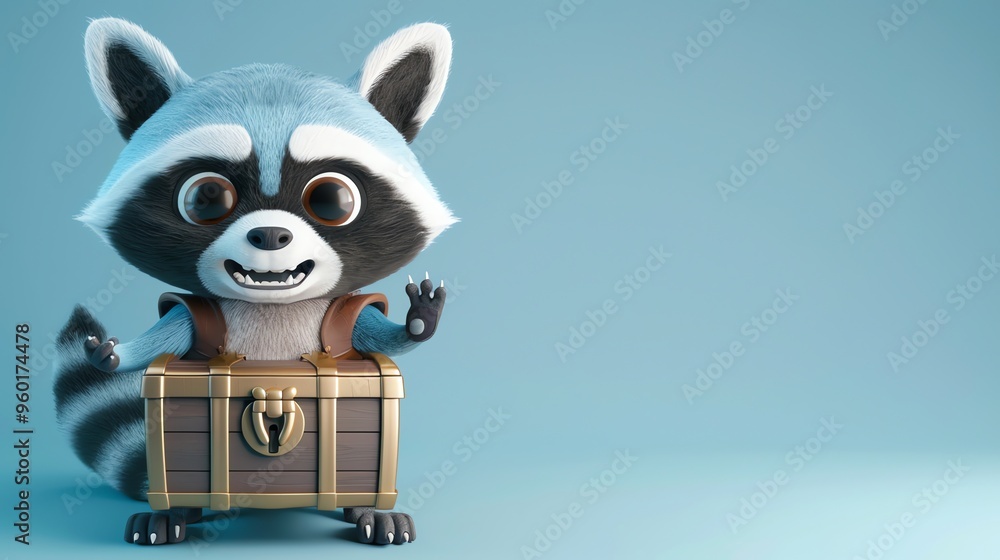 Fototapeta premium A cute cartoon raccoon with a big smile standing next to a treasure chest, against a blue background.
