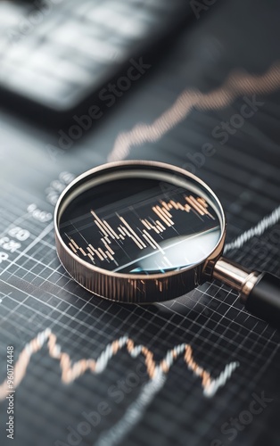 A close-up view of a magnifying glass over a financial graph, illustrating detailed analysis and data visualization.