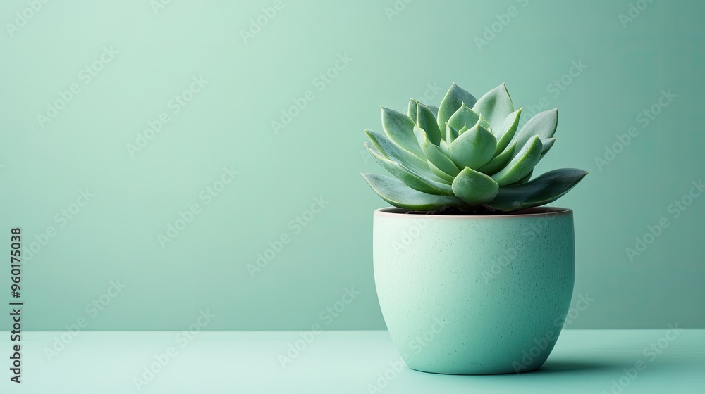 A succulent plant in a mint-colored pot against a soft green background. A succulent plant in a mint-colored pot against a soft green background.