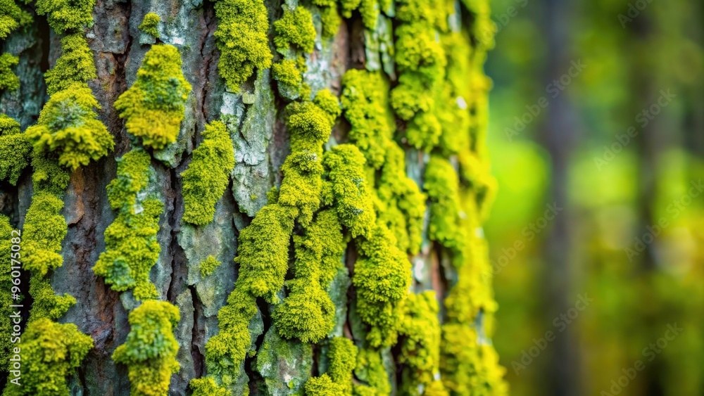 Obraz premium Close-up of tree bark covered in vibrant green moss and lichen