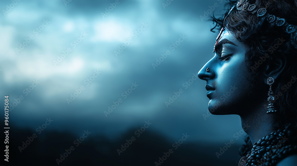 Krishna depicted with a serene expression, his figure illuminated by a soft light against a dark, tranquil sky. Krishna depicted with a serene expression, his figure illuminated by a soft light against a dark, tranquil sky.