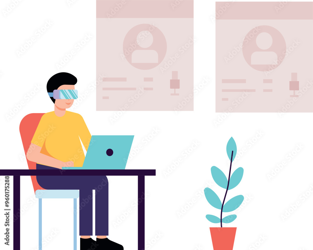 Boy wearing VR glasses working on his laptop. Boy wearing VR glasses working on his laptop.