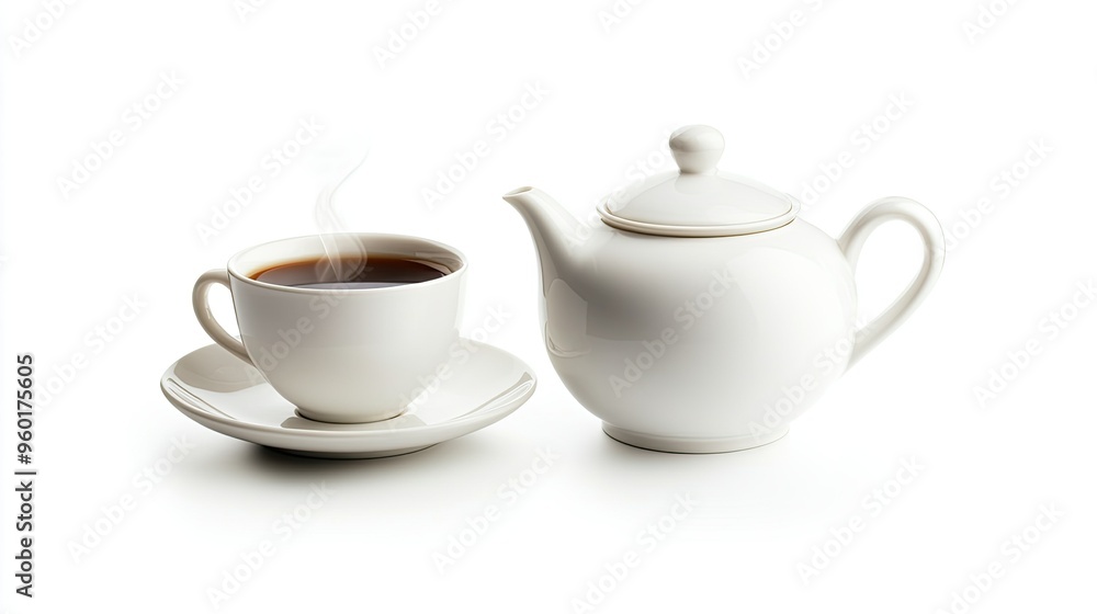 A classic white teapot and cup set filled with hot coffee, with a gentle wisp of steam rising, isolated on a white background. A classic white teapot and cup set filled with hot coffee, with a gentle wisp of steam rising, isolated on a white background.